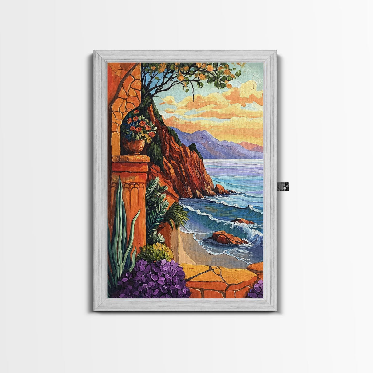 Seaside Terrace, Sunset Florals, Framed Canvas Print romantic ocean view artwork, Mediterranean decor, Kitchen Wall Art, rustic art