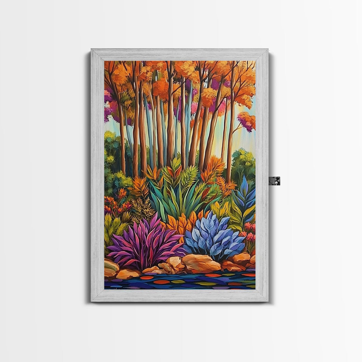 Autumn Forest, Leaves Colorful, Framed Canvas Print bright fall foliage nature painting, botanical boho forest scene, Kitchen Wall Art