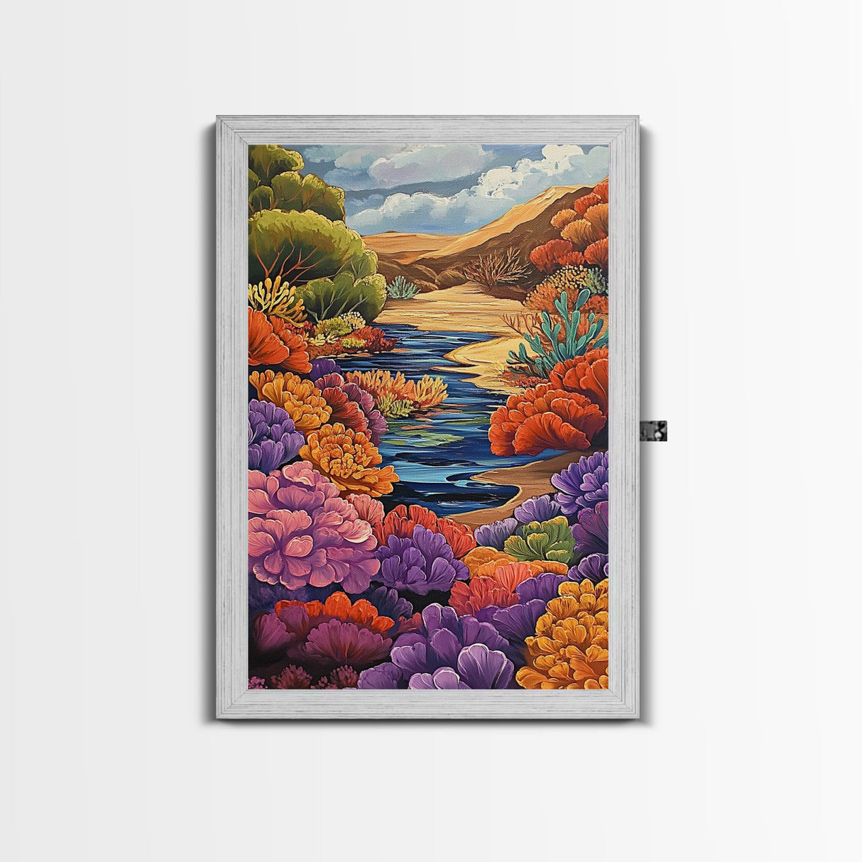 River, Desert, Floral, Art, Canvas Print, Colorful floral river scene with desert hills, perfect bedroom or hallway Southwestern wall art