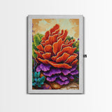 Succulent, Cactus, Orange, Purple, Framed Canvas Print, Bold desert succulent bloom art in orange and purple, living room statement piece