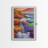 Waterfall Ocean, Rocks, Waves, Canvas Print, Vibrant ocean waterfall over rocky cliffs with colorful waves, ideal coastal living room