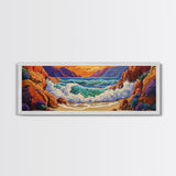 Ocean Wave, Rocky Coast, Vibrant Sunset, Nature Seascape, Framed Canvas Print, Coastal Wall Art, Beach Bathroom Decor, Colorful Seascape Art