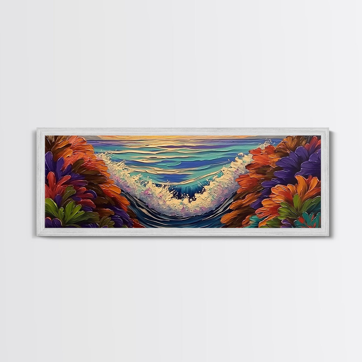 Sunset Waves, Floral Reef, Coastal Water, Colorful Nature, Framed Canvas Print, Bathroom Wall Art, Beach Vibes, Bright Seascape Art