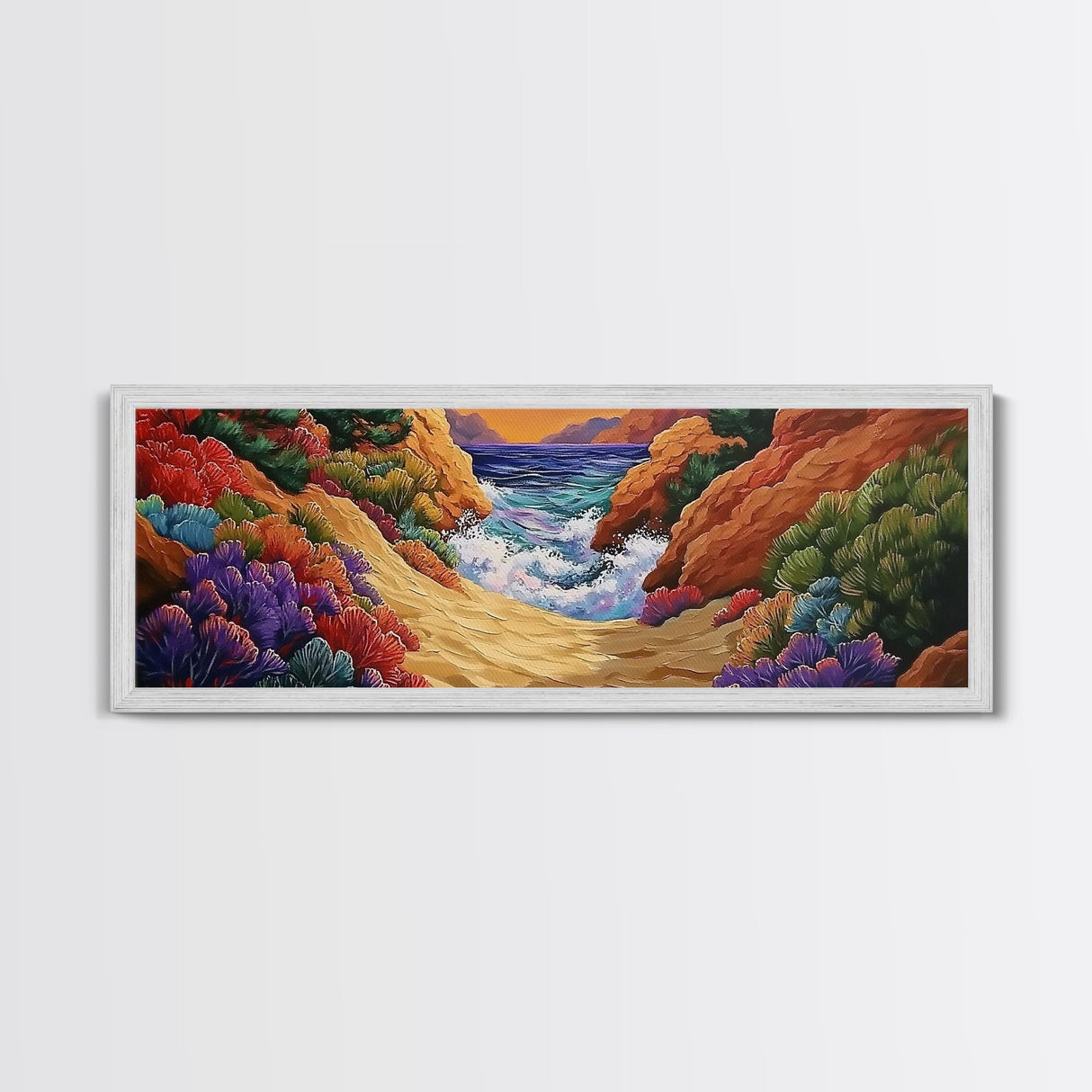 Ocean Path, Colorful Cliffs, Bright Beach, Nature Trail, Framed Canvas Print, Coastal Wall Art, Hallway Decor, Vibrant Seaside Painting