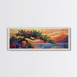 Coastal Tree, Sunset Glow, Flowering Branches, Ocean Horizon, Canvas Print, Bedroom Wall Art, Tranquil Nature Scene, Vibrant Landscape