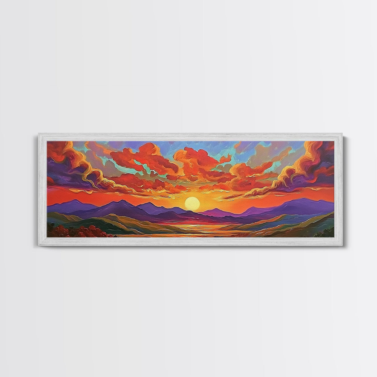 Sunset Cloudscape, Vibrant Sky Painting, Colorful Wall Decor, Nature Scene, Autumn Palette Living Room Framed Canvas Print, Office Art