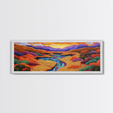 Desert River Sunset, Bold Nature Painting, Vibrant Landscape, Fall Wall Decor, Earthy Living Room Framed Canvas Print, Beach House Wall Art