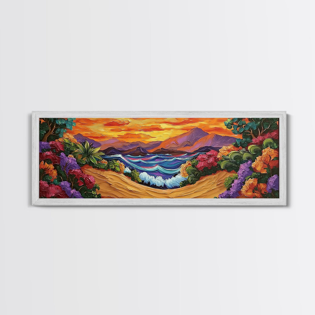 Tropical Sunset Cove, Vibrant Ocean Painting, Beach House Decor, Bold Nature Scene, Boho Living Room Canvas Print, Nature Painting