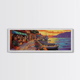 Harbor Village Sunset, Vibrant Coastal Town Painting, Mediterranean Art, Kitchen or Hallway Decor Framed Canvas Print, Beach House Wall Art