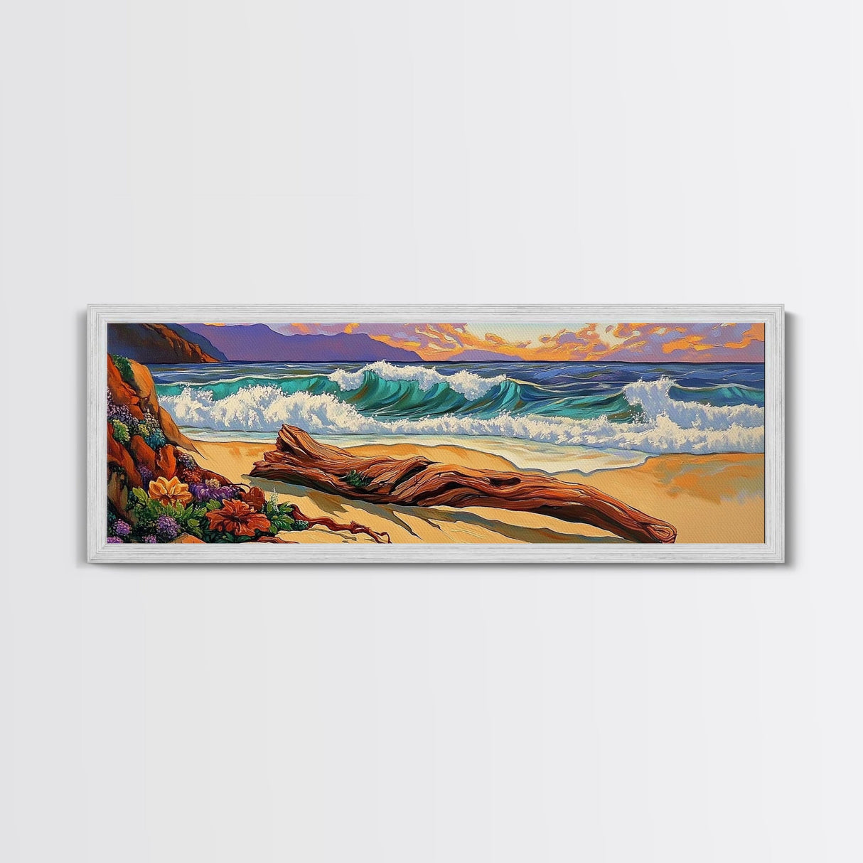 Ocean Shore Driftwood, Seaside Flower Art, Nature Landscape, Framed Canvas Print, Coastal Living Room or Beach House Wall Art