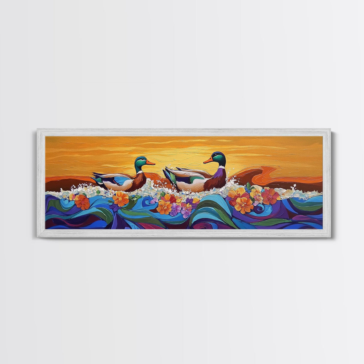 Ducks On Waves, Colorful Animal Art, Whimsical Sunset, Floral Ocean Scene, Canvas Print, Fun Kitchen Art, Kids Room Wall Art