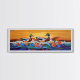 Ducks On Waves, Colorful Animal Art, Whimsical Sunset, Floral Ocean Scene, Canvas Print, Fun Kitchen Art, Kids Room Wall Art