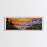 Cloudy Mountains, Sunset Glow, Forest Horizon, Tranquil Vibes, Framed Canvas Print, peaceful landscape, bedroom wall art