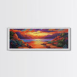 Rocky Sunset, Tranquil Cove, Mountain Glow, Ocean Calm, Framed Canvas Print, vivid sunset art, nature escape, living room decor