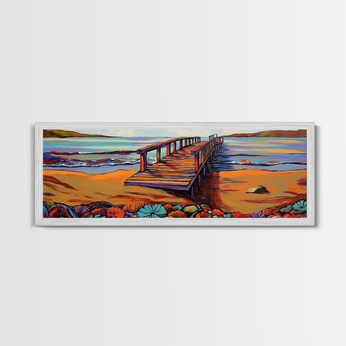 Seaside Pier, Vibrant Coast, Beach View, Framed Canvas Print, coastal artwork, beach house decor, summer vibes, living room art