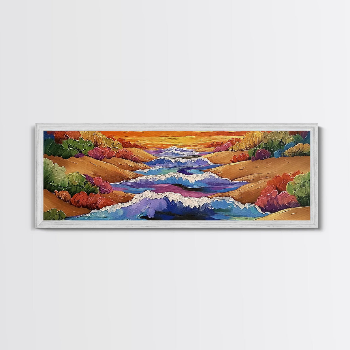 Rolling Waves, Ocean Energy, Sunset Coastline, Canvas Print, coastal living room decor, vivid surf art, bold beach vibe painting
