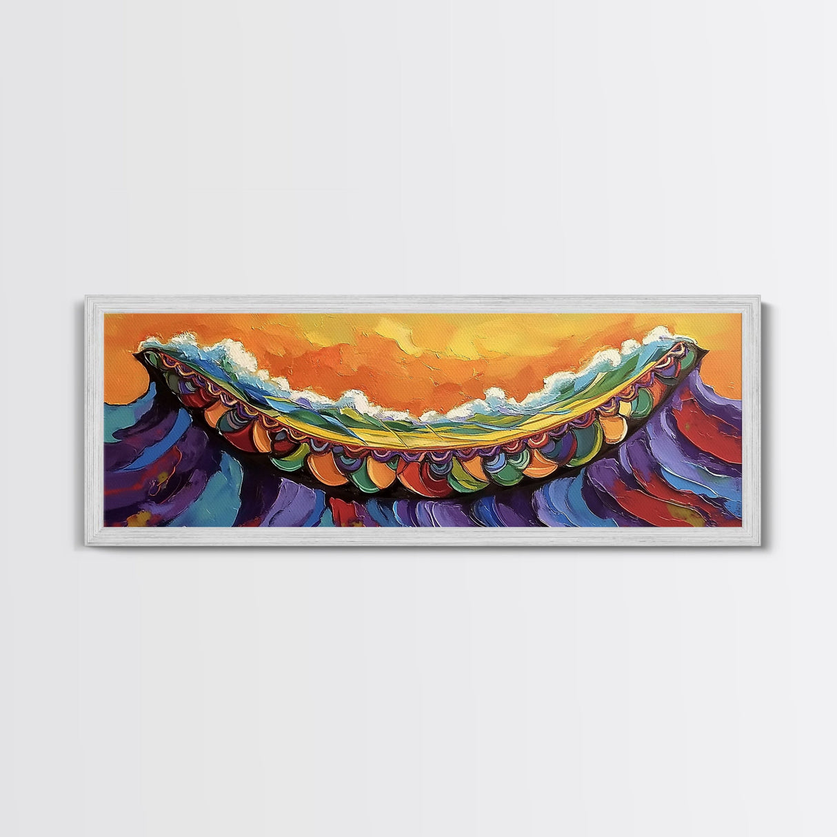 Carnival Wave, Festive Ocean, Playful Waters, Framed Canvas Print, beach bathroom art, coastal fun painting, surf wall decor