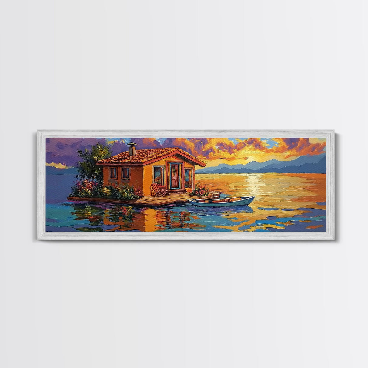 Floating Home, Lake Sunset, Tranquil Retreat, Framed Canvas Print, peaceful wall art, waterfront decor, lakehouse artwork