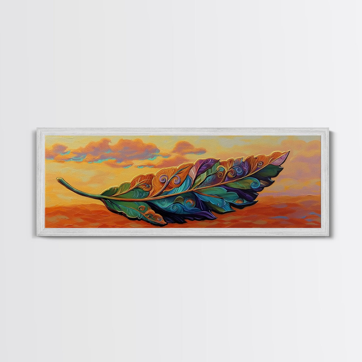 Colorful Leaf Art, Sunset Nature Decor, Vibrant Feather Design, Framed Canvas Print, Boho Wall Art, Entryway Accent Piece