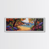 Secluded Beach Painting, Colorful Coastal Trees, Tropical Shoreline View, Framed Canvas Print, Relaxing Bathroom Art, Boho Bedroom
