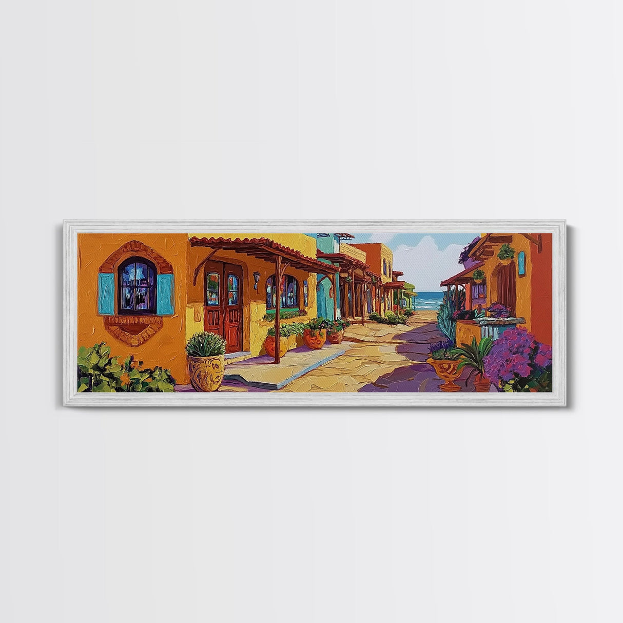 Coastal Village Street, Colorful Adobe Homes, Mediterranean Scene, Framed Canvas Print, Kitchen Wall Art, Rustic Living Room Decor