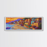 Seaside Village Sunset, Colorful Coastal Homes, Vibrant Ocean View, Framed Canvas Print, Beach House Decor, Bohemian Art