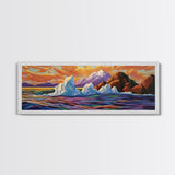 Iceberg Ocean Scene, Arctic Sunset Painting, Majestic Ice Waterscape, Framed Canvas Print, Coastal Wall Art, Winter Home Decor