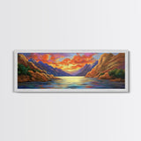 Sunset Lake, Mountain Reflection, Nature Glow, Framed Canvas Print, Scenic Wall Art, Autumn Decor, Cabin Artwork, Rustic Landscape Art