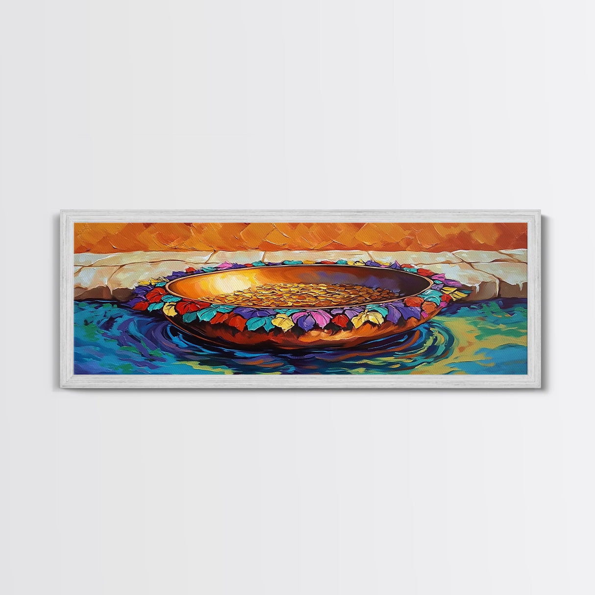 Gold Coins, Water Bowl, Vibrant Still Life, Framed Canvas Print, Kitchen Wall Art, Autumn Accent, Southwestern Art, Colorful Painting