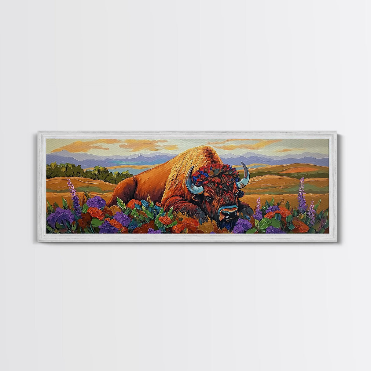 Resting Bison, Sunset Plains, Prairie Wildflowers, Framed Canvas Print, Autumn Decor, Western Wall Art, Cabin Living Room Accent