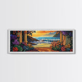 Ocean Escape, Sunset Garden, Floral Coastal Scene, Mediterranean Vibes, Framed Canvas Print, Kitchen Wall Art, Bold Color Artwork