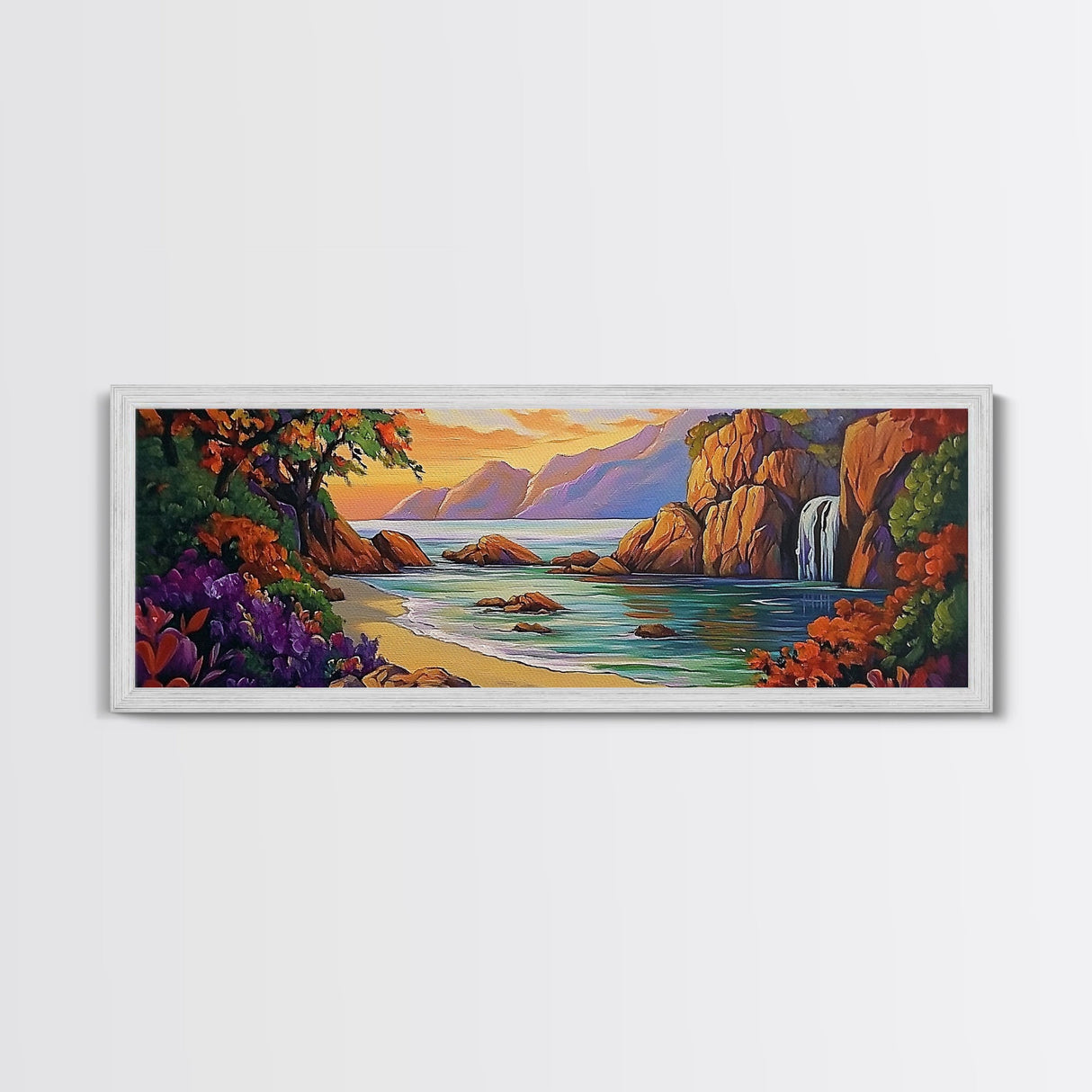 Waterfall Cove, Sunset Seascape, Tropical Paradise, Nature Retreat, Framed Canvas Print, Bathroom Wall Art, Vibrant Coastal Art