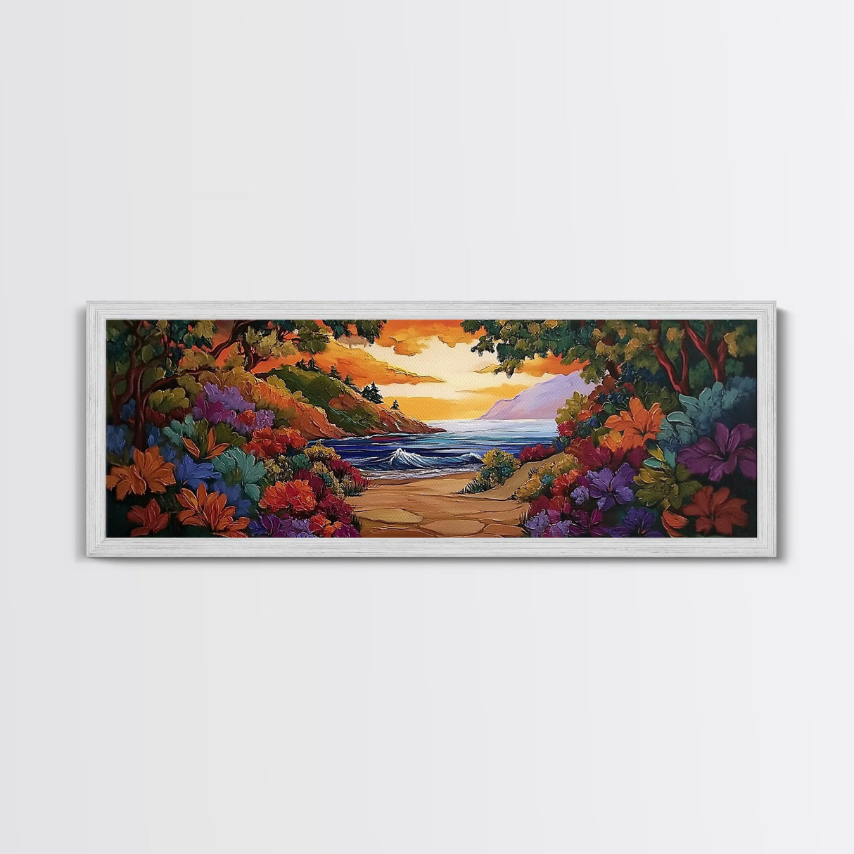 Beach View, Sunset Flowers, Coastal Path, Summer Decor, Framed Canvas Print, Bedroom Wall Art, Bright Floral Landscape Art