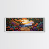 Beach View, Sunset Flowers, Coastal Path, Summer Decor, Framed Canvas Print, Bedroom Wall Art, Bright Floral Landscape Art