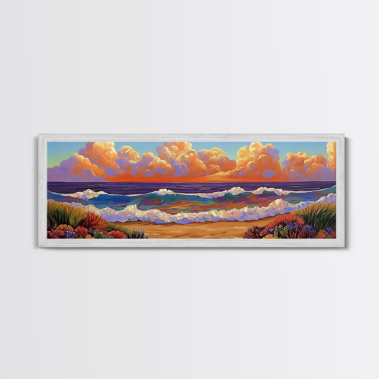 Beach Sunset, Gentle Waves, Cotton Clouds, Summer Calm, Framed Canvas Print, Coastal Wall Art, Soft Pastel Ocean Landscape