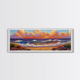 Beach Sunset, Gentle Waves, Cotton Clouds, Summer Calm, Framed Canvas Print, Coastal Wall Art, Soft Pastel Ocean Landscape