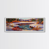 Snowy Mountain Pond, Winter Forest Stream, Sunset Reflection, Canvas Print, Rustic Cabin Wall Art, Nature Landscape Art