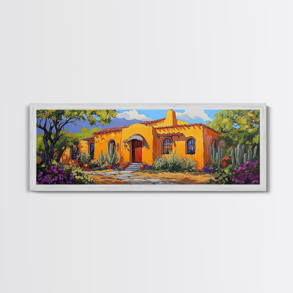 Desert Casa Art, Colorful Home, Cactus Painting, Framed Canvas Print, Vibrant Southwest Decor, Living Room Wall Art, Spanish Style Art