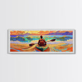 Ocean Kayaker, Waves Sunset, Adventure Spirit, Beach Home Accent, Framed Canvas Print, Coastal Wall Art, Colorful Outdoor Art