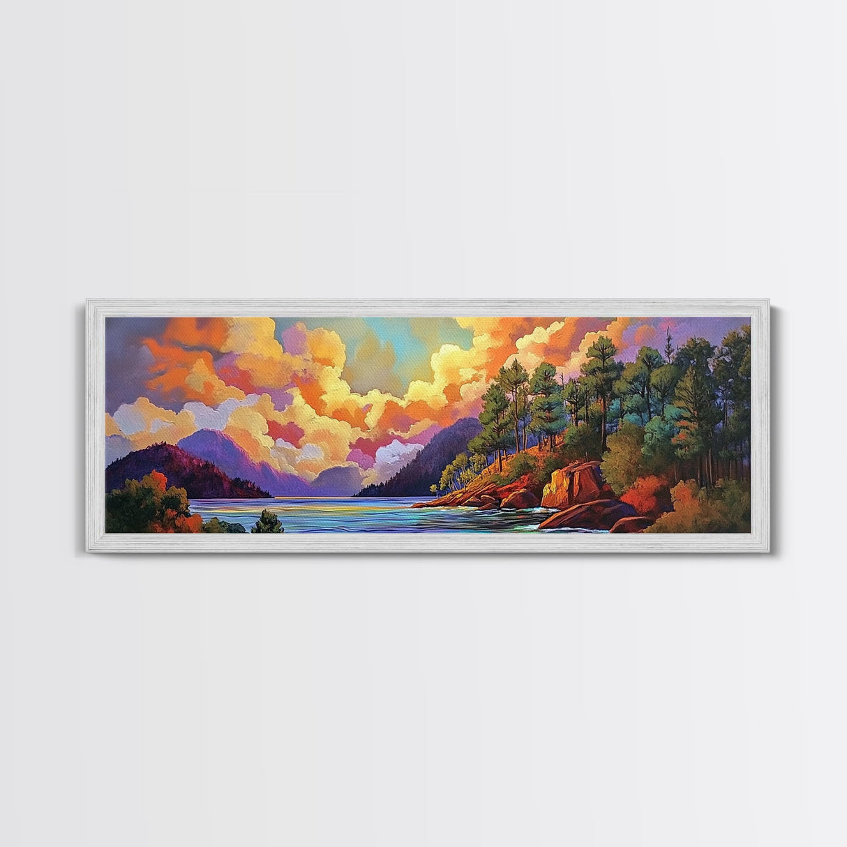 Mountain Trees, Lake Sunset, Nature Glow, Autumn Landscape, Canvas Print, Cabin Decor, Rustic Wall Art, Forest Escape