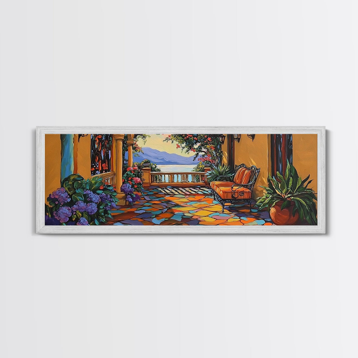 Garden Balcony, Mediterranean Villa, Sunset View, Cozy Terrace, Canvas Print, Tuscan Decor, Romantic Outdoor Wall Art