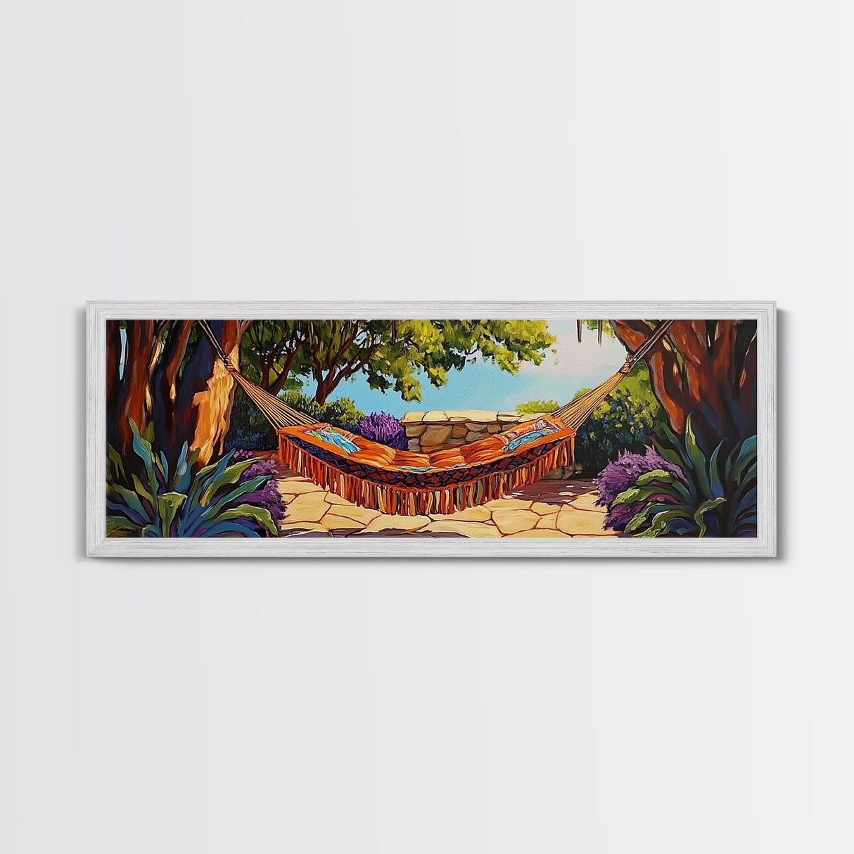 Hammock Retreat View, Relaxing Outdoor Space, Nature Art, Framed Canvas Print, summer art, patio decor, boho style, bedroom wall