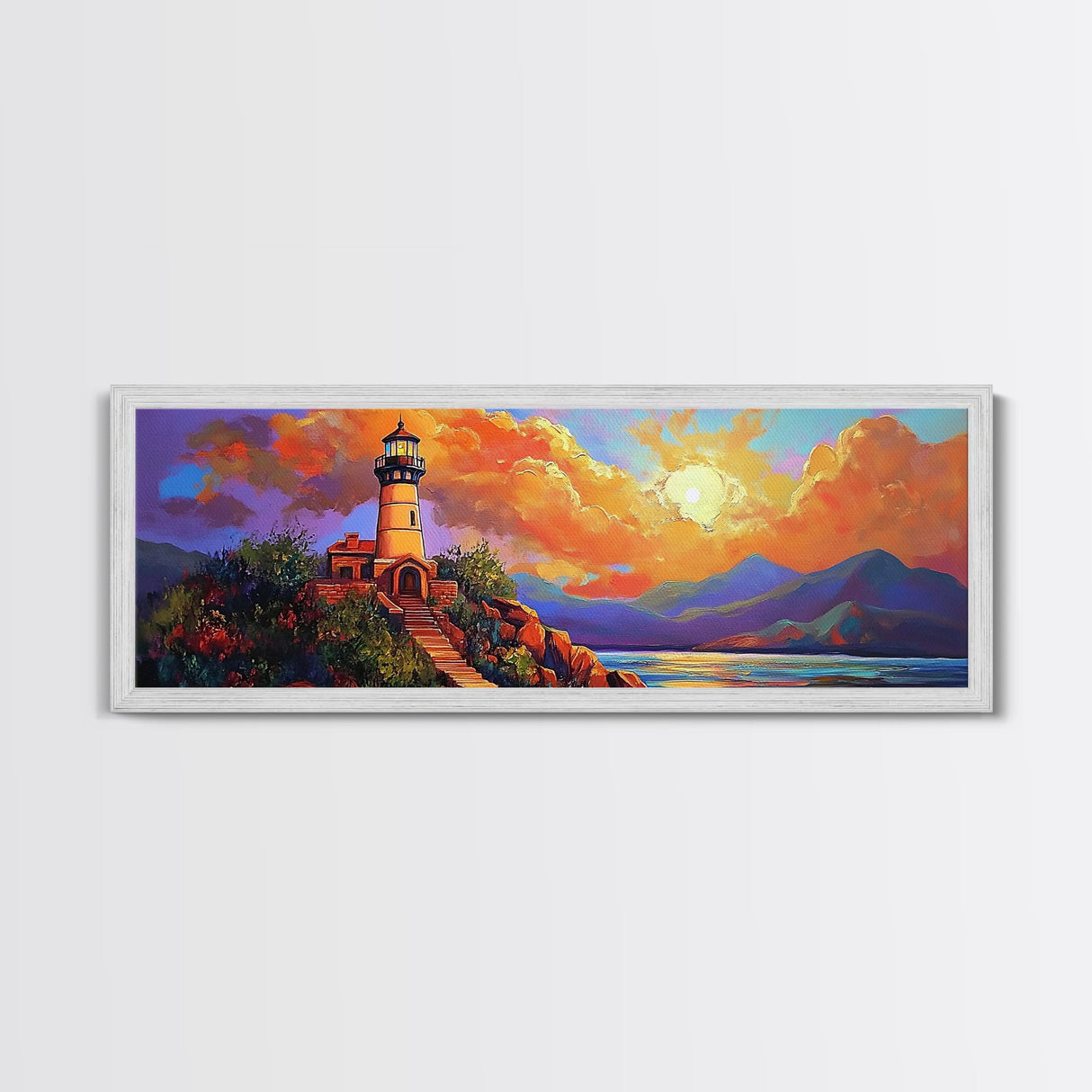 Lighthouse Sunset, Coastal Path, Mountain Horizon, Framed Canvas Print, nautical wall art, romantic sunset, boho living room decor