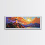 Lighthouse Sunset, Coastal Path, Mountain Horizon, Framed Canvas Print, nautical wall art, romantic sunset, boho living room decor
