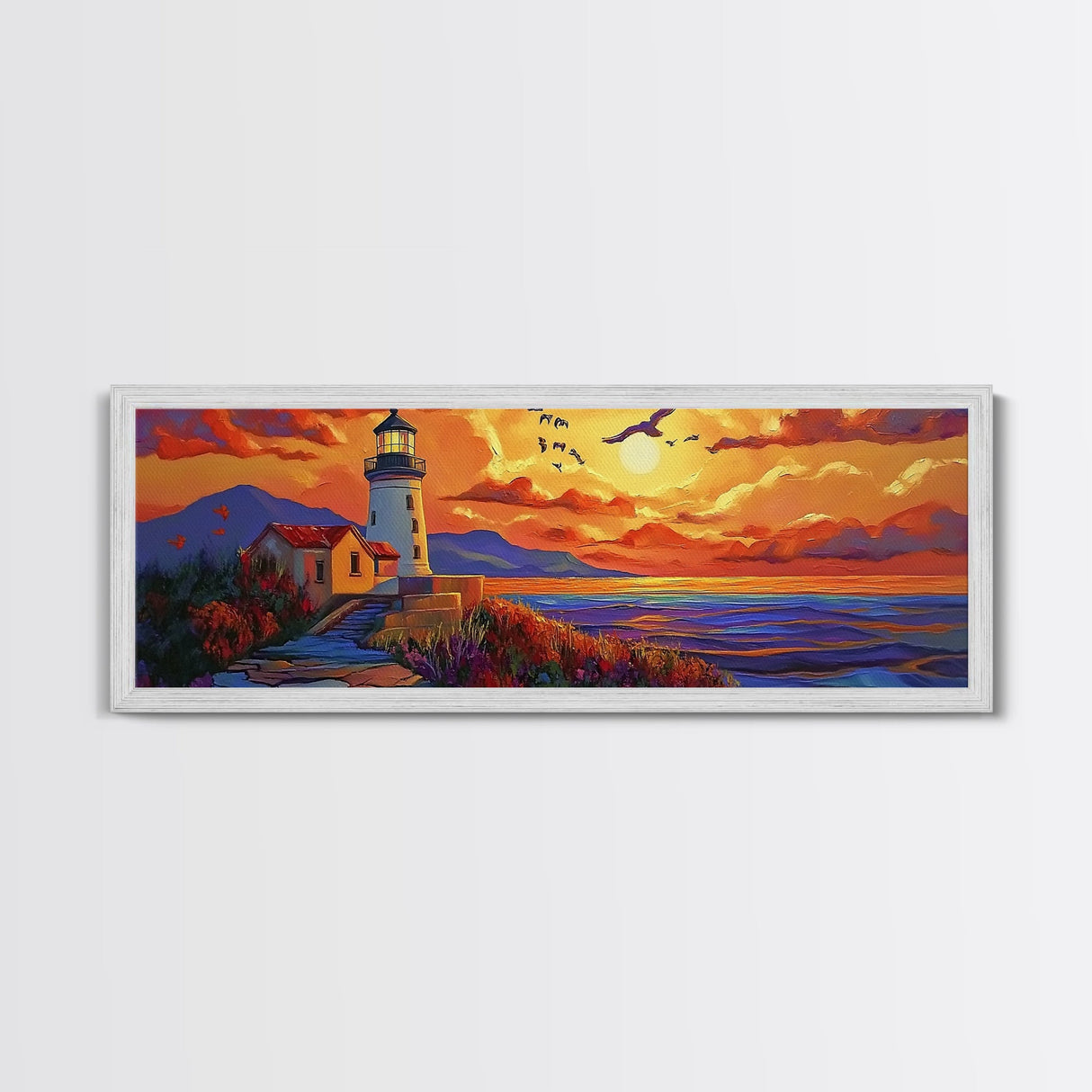 Seaside Lighthouse View, Sunset Birds, Coastal Dream, Framed Canvas Print, ocean wall art, rustic beach decor, entryway statement piece