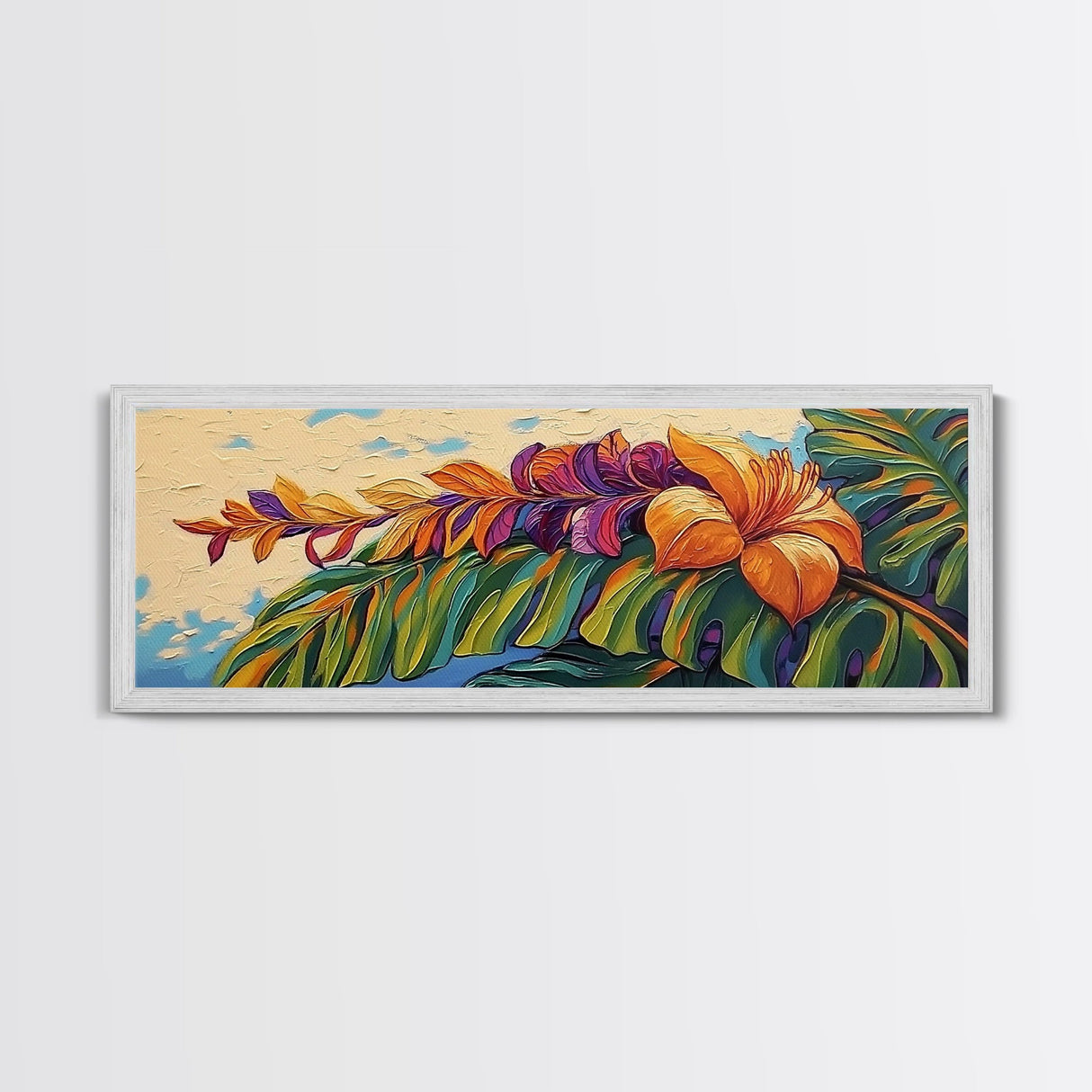 Tropical Leaves, Bold Floral, Exotic Bloom, Modern Art, Framed Canvas Print, boho jungle decor, bedroom wall art, tropical artwork