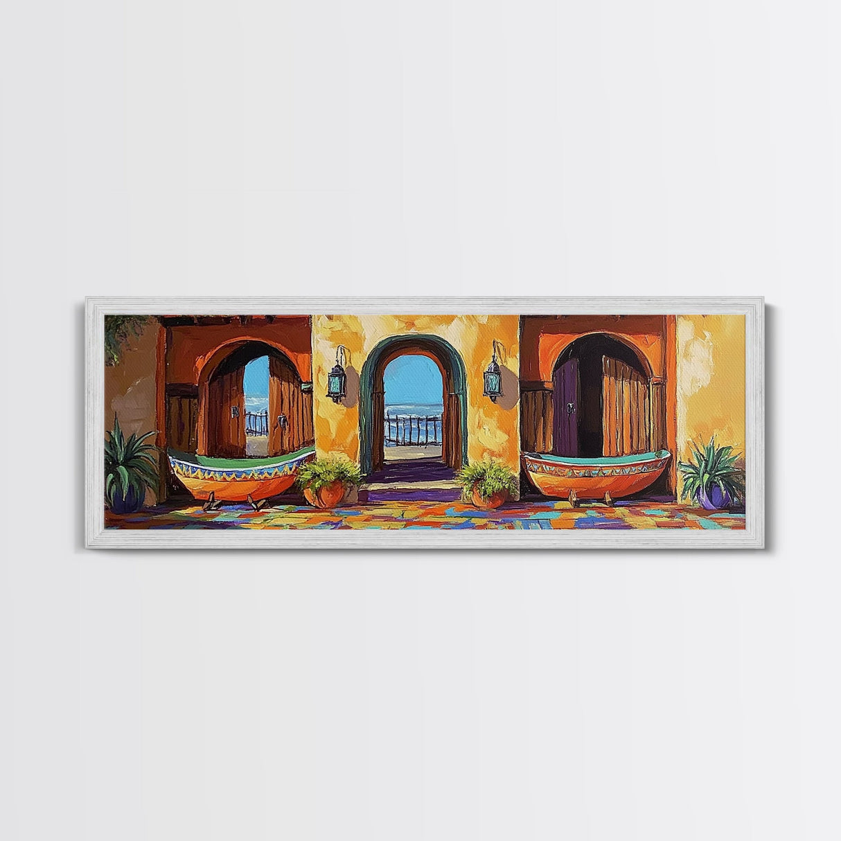 Spanish Courtyard, Bright Doorway, Coastal Decor, Southwest Art, Canvas Print, kitchen wall art, rustic boho art, vibrant home design