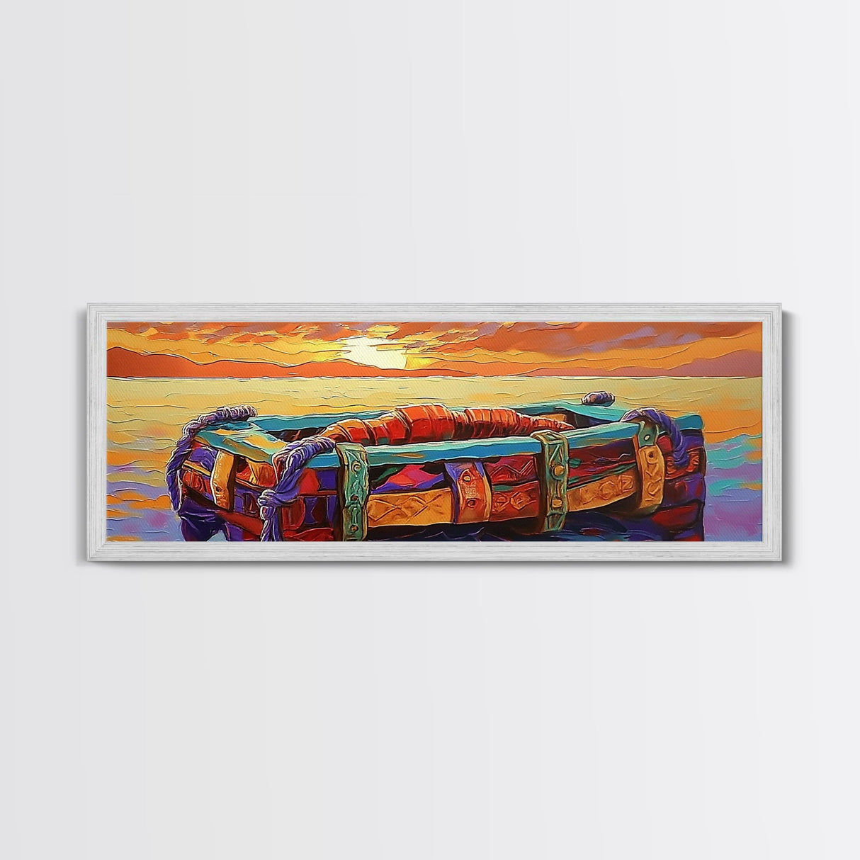 Sunset Raft, Ocean Stillness, Island Mood, Coastal Glow, Canvas Print, bathroom wall art, tropical nautical art, warm beach colors