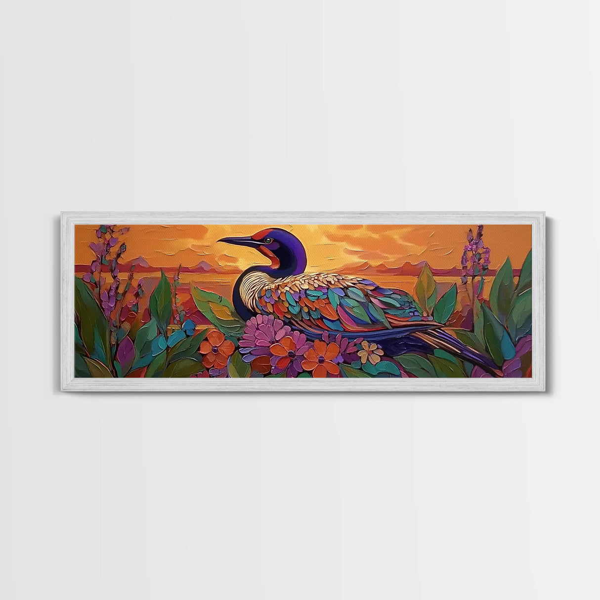 Sunset Bird, Floral Loon, Vibrant Nature, Colorful Wildlife, Canvas Print, cabin wall art, rustic boho art, birdwatcher gift
