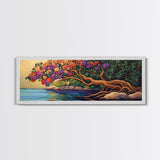 Blooming Tree, Ocean Shore, Tranquil Scene, Curved Branches, Framed Canvas Print, bedroom art, whimsical landscape, botanical wall piece